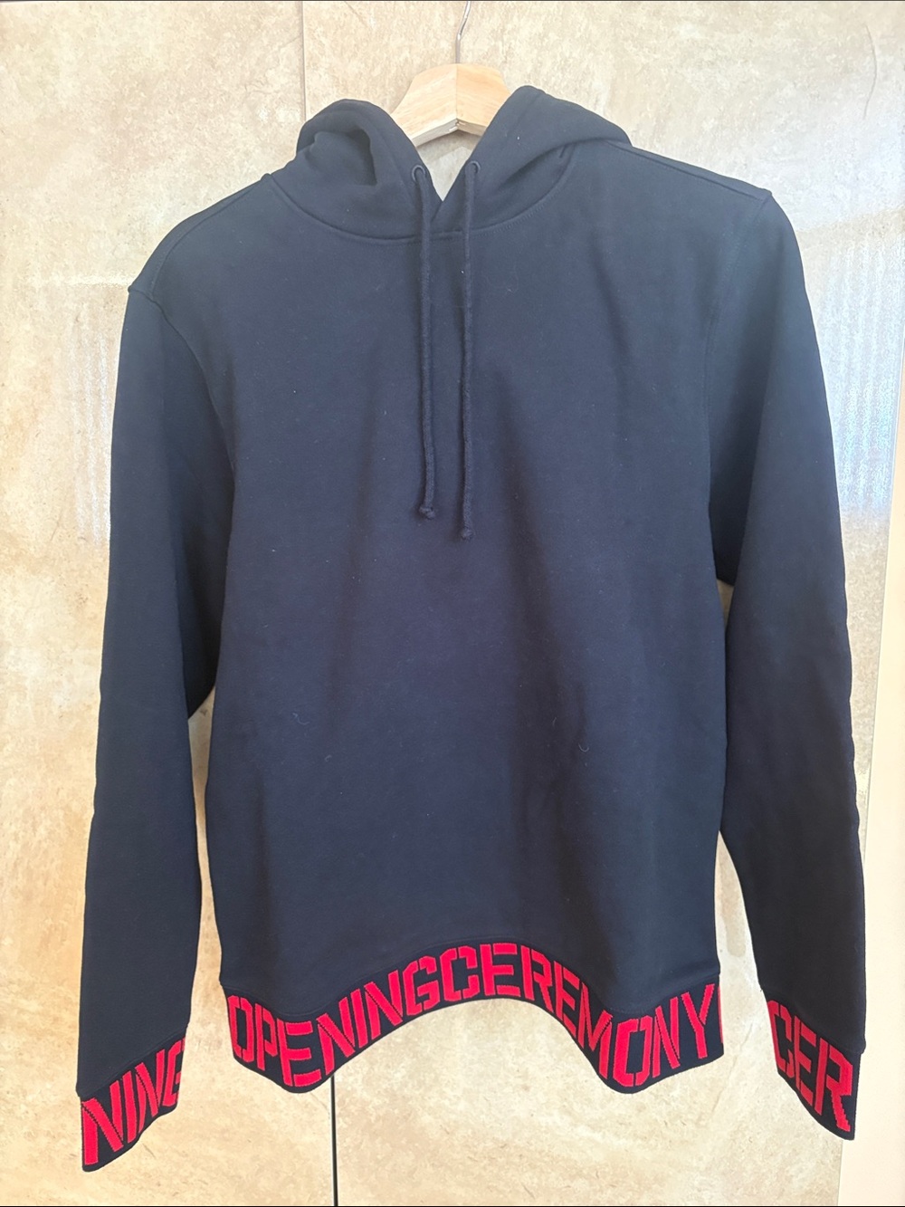 Opening Ceremony Black Crewneck Hoodie with Red Logo Hem